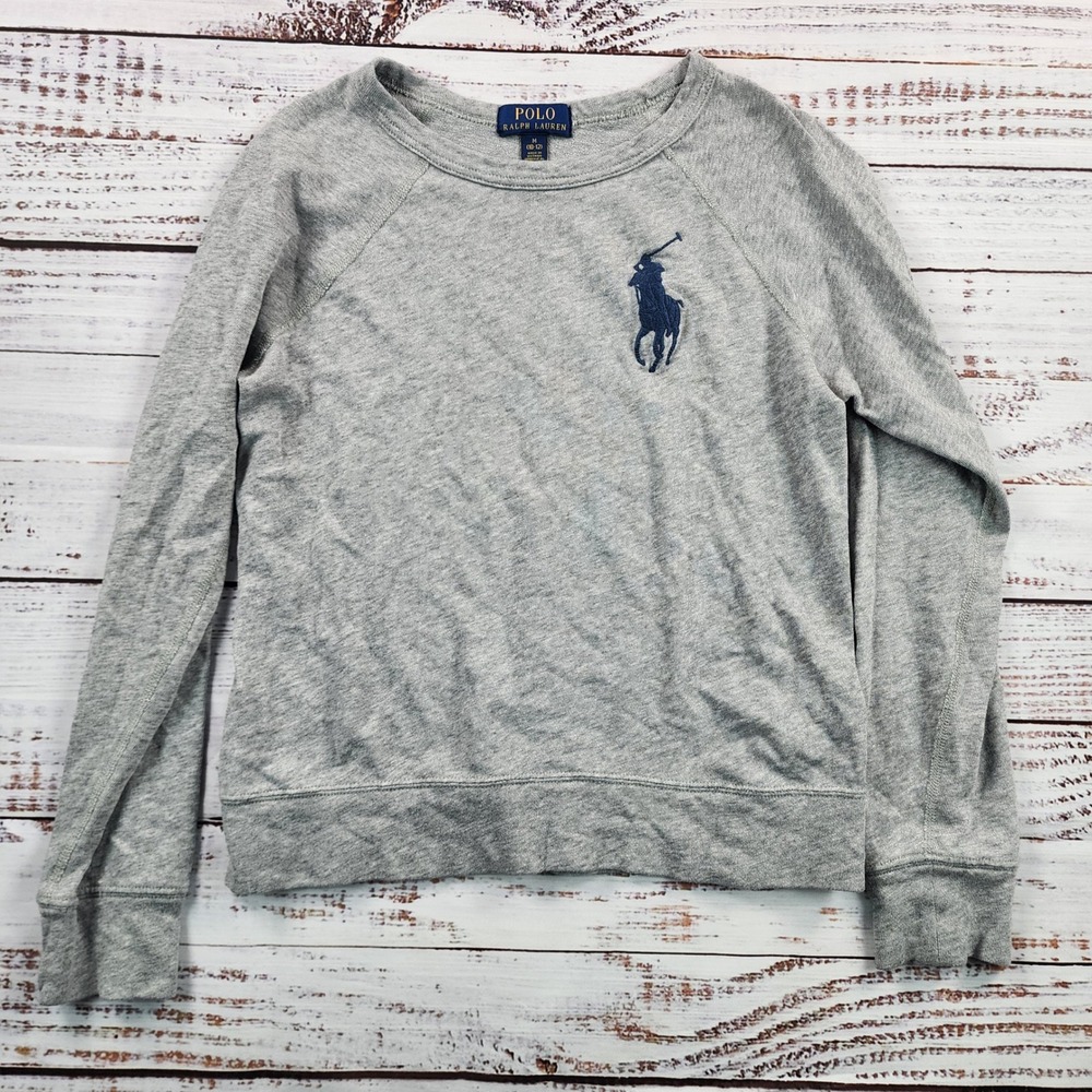 Polo Ralph Lauren Big Pony Sweatshirt Boys M 10-12 Gray Navy Crewneck Raglan